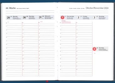 Wochenbuch im A5-Format mit 1 Woche auf 2 Seiten für Oktober/November 2024.