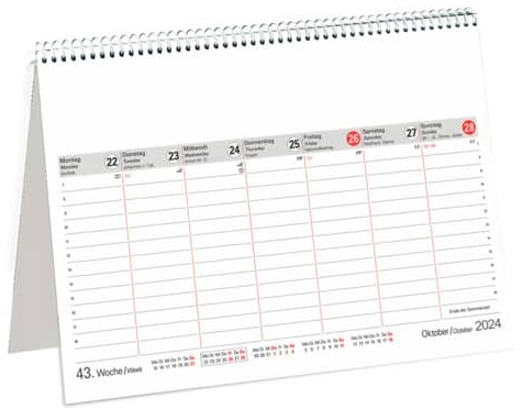 Tischkalender A4 mit 7 Spalten und Notizfeld für eine Woche pro Seite.