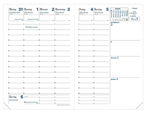 Kalendereinlage mit Wochendarstellung auf zwei Seiten für Januar in 10x15cm.